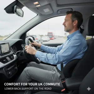 Illustration demonstrating the versatility of the cushion being used on a car seat for lower back support during UK commutes.