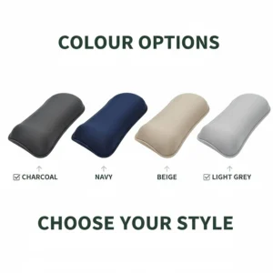 A professional product lineup showing the memory foam keyboard wrist rest available in four colours: charcoal, navy, beige, and light grey.