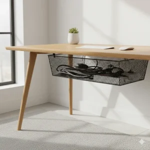 A minimalist wire mesh cable basket hidden beneath a desk, creating a clean and tidy British home office aesthetic.