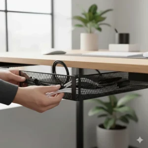 Close-up of cables being routed through the side slots of a steel tray for a professional, organised finish.