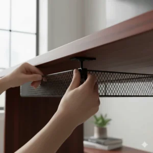 A clamp-on under desk cable tray attached to a mahogany desk without the need for permanent drilling or damage.