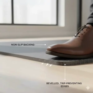 Close-up illustration of non-slip backing and bevelled edges to prevent trips and slips in the workplace.