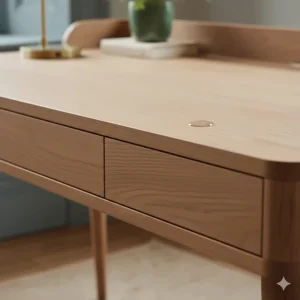 Close-up of the natural oak grain and smooth finish on a premium solid wood writing desk.