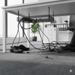 Illustration showing how a cable tray prevents trip hazards by lifting wires off the floor in a professional workspace.
