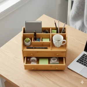 Birds-eye view of a bamboo desk organiser with drawers containing pens, sticky notes, and paperclips for a tidy desktop.