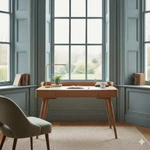 A classic solid wood writing desk tucked into a bay window of a traditional British period property.