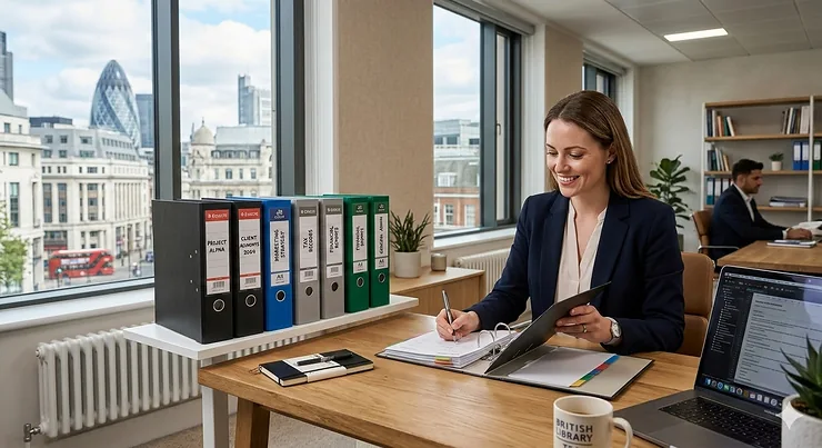 A professional woman working at a modern London desk with a row of A4 lever arch files, featuring views of the Gherkin and a red double-decker bus. lever arch files