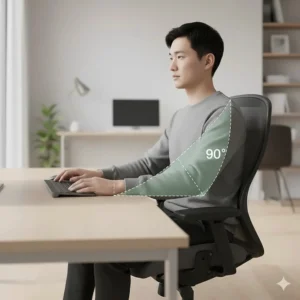 Illustration showing the correct desk height where the user's elbows are at a 90-degree angle, preventing wrist strain.