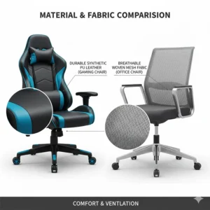 Comparison of synthetic PU leather used in gaming chairs and breathable mesh used in ergonomic office chairs.