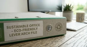 An eco-friendly lever arch file made from recycled materials, featuring a prominent sustainable office and FSC certified stamp on the cover.