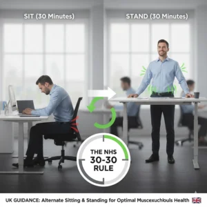 Visual guide on the recommended UK ratio of sitting to standing time for optimal musculoskeletal health.