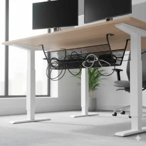 Flexible cable management tray attached to an electric standing desk, showing wires moving safely during height adjustment.