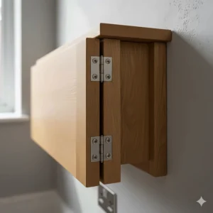 High-detail shot of the sturdy metal hinges and solid oak construction of a premium wall-mounted folding desk.