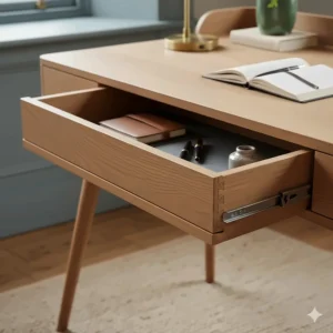 Traditional dovetail joints on the drawers of a solid wood writing desk, showcasing British craftsmanship.