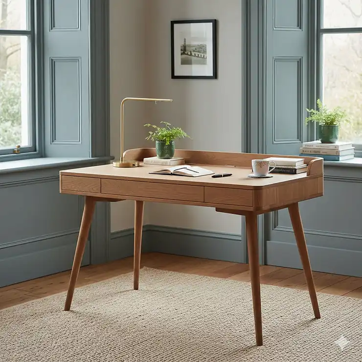A handcrafted solid wood writing desk styled in a bright British home office with a classic desk lamp and stationery. solid wood writing desk