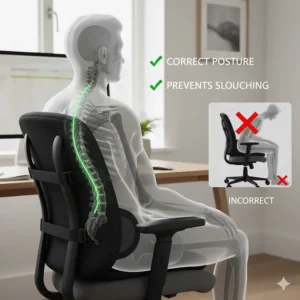 Illustration showing how a lumbar support cushion maintains the natural curve of the spine to prevent slouching at a desk.