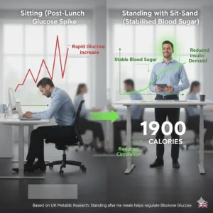 Graph showing the impact of standing after lunch on blood glucose levels, citing UK-based metabolic research.