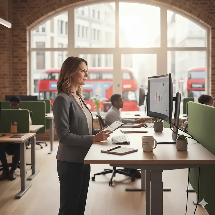 A professional using a height-adjustable standing desk in a modern UK office, illustrating the health benefits of reducing sedentary behaviour at work. standing desk benefits UK research