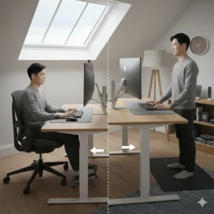 A height-adjustable standing desk converter on a standard wooden desk, showing the transition between sitting and standing.
