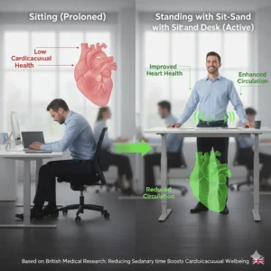Infographic highlighting the link between standing desks and improved cardiovascular health according to British heart research.