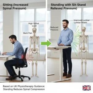 Illustration of reduced spinal pressure and improved lumbar health when transitioning from a chair to a standing position.