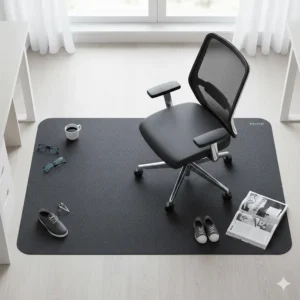 A stylish UK home office floor setup featuring a grey anti-fatigue mat paired with an ergonomic chair.