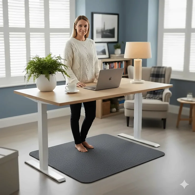 A professional working at a height-adjustable standing desk using an anti-fatigue mat to reduce leg strain in a modern UK homstanding desk mat anti-fatiguee office.
