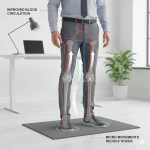 Infographic demonstrating how an anti-fatigue mat encourages micro-movements to improve blood circulation.