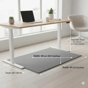 A size guide illustration showing the mat's footprint relative to a standard UK standing desk frame.