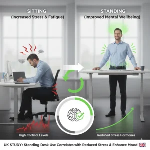 Illustration showing the correlation between standing desk use and reduced stress levels in a British corporate environment.