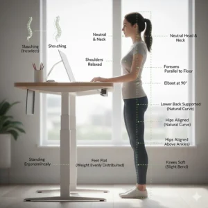 Diagram showing correct ergonomic posture at a standing desk to prevent back pain, based on UK health guidelines.