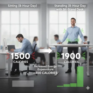 Illustration comparing energy expenditure between sitting and standing during a standard UK eight-hour workday.