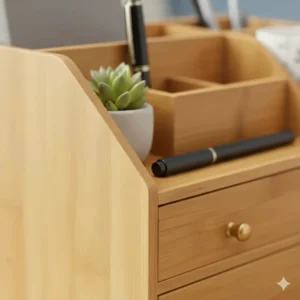Detail of the sturdy construction and water-resistant finish of a premium bamboo desk organiser with drawers.