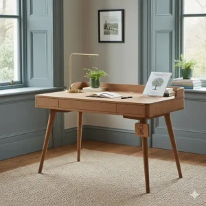 Sustainably sourced FSC-certified solid wood writing desk, highlighting eco-friendly furniture choices in the UK.