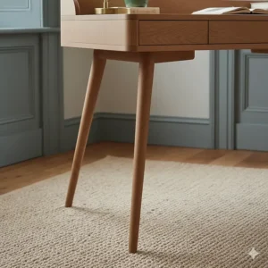 Elegant tapered legs on a mid-century style solid wood writing desk against a neutral wall.