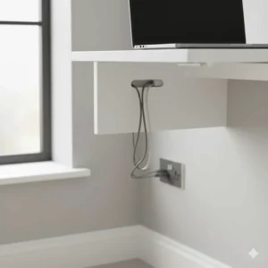 Detail shot of the built-in cable management port on a white wall-mounted desk, keeping power leads and computer wires organised.