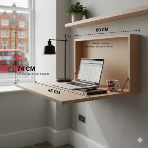Dimensional graphic showing the 80cm width and 45cm depth of a wall-mounted folding desk, including the UK standard 74cm height.