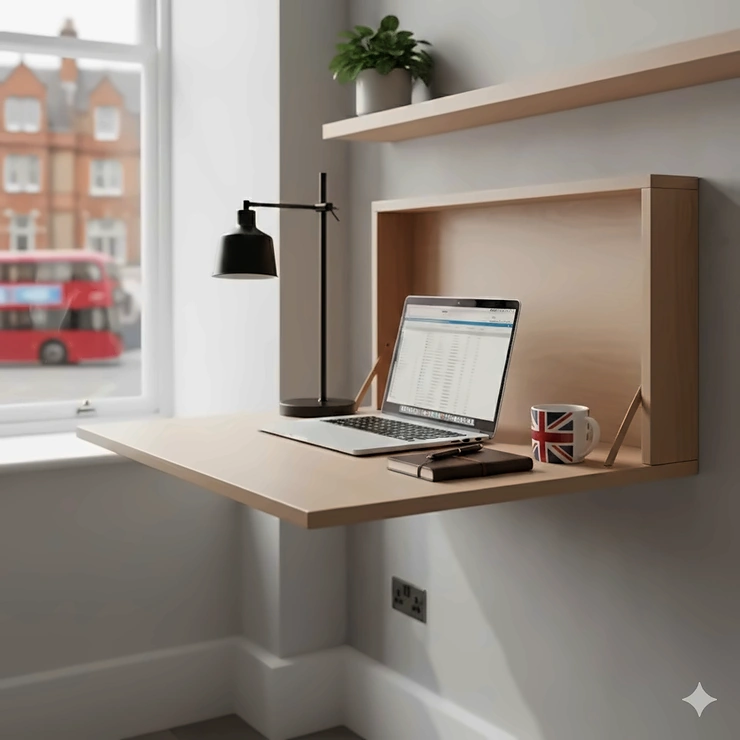A sleek wooden wall-mounted folding desk installed in a modern British flat, shown in its folded-out position with a laptop and lamp. wall-mounted folding desk