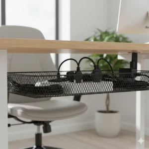 A wide cable tray housing a 6-gang UK power strip and bulky three-pin plugs without clutter.