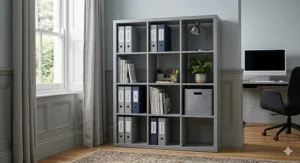 Detailed view of the internal shelving and high-quality finish of a grey 9 cube storage cupboard.