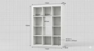 Technical 4K illustration showing the height, width, and depth of a 9 cube storage unit measured in centimetres.