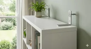 Close-up photorealistic shot of the metal wall-anchor safety fixings being used to secure a 9 cube unit to the wall.