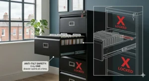 A photorealistic illustration with a diagram overlay showing the anti-tilt safety mechanism of a 4-drawer filing cabinet that prevents more than one drawer opening at once.