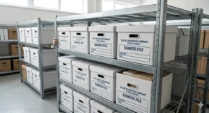 Classic white and blue bankers-style archive boxes organised on industrial shelving.