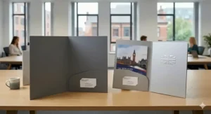 Detailed close-up of a professional presentation folder showing high-quality die-cut pockets and business card slits with a premium grey textured finish.