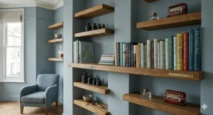 An array of bespoke, made-to-measure floating shelves in various lengths for narrow alcoves.