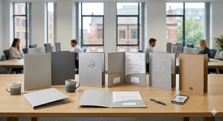 A selection of the best presentation folders in various professional finishes, including matt lamination and silver foil, displayed on an oak desk in a modern British office environment. best presentation folders