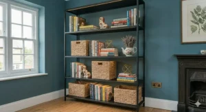 Styling ideas for a tall black metal bookcase featuring wicker storage baskets, hardback novels, and decorative ornaments.
