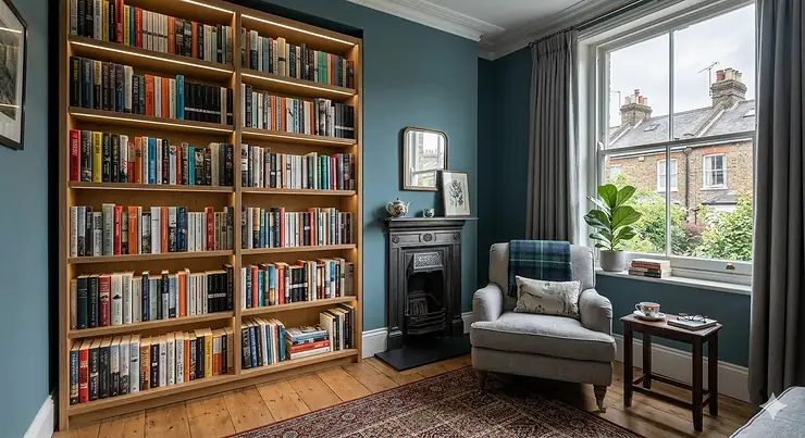 A tall oak bookcase with integrated lighting styled in a classic UK Victorian living room featuring a traditional cast iron fireplace, a plaid throw, and a sash window overlooking London rooftops. best tall bookcase
