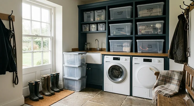 A stack of clear plastic storage boxes with grey clip-on lids organised in a modern UK home utility room. plastic storage boxes